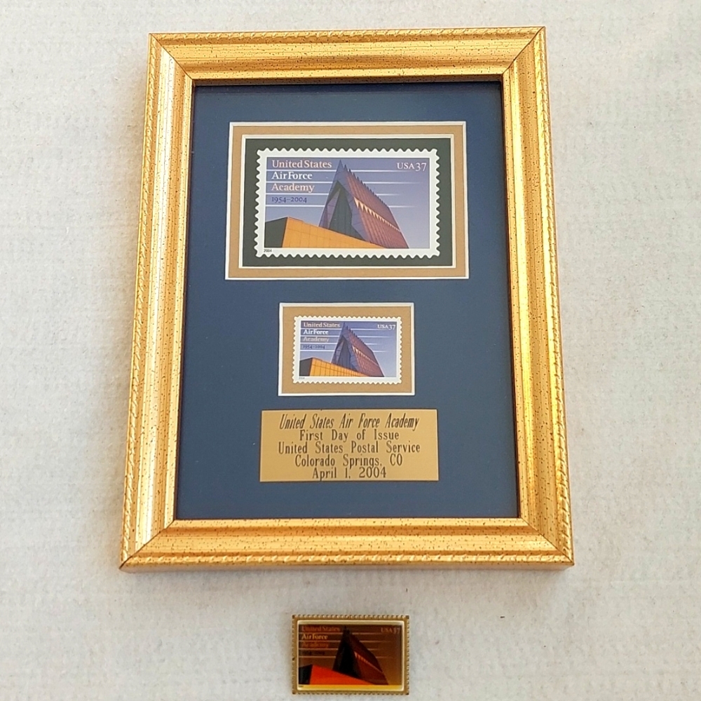 US AIR FORCE ACADEMY 1st day of issue framed POSTAGE STAMP and LAPEL PIN